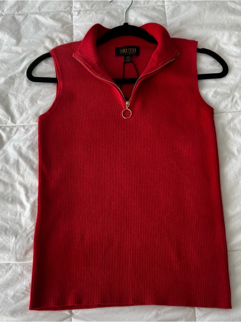 Truth Red Ribbed Sleeveless Zip Collar Tank